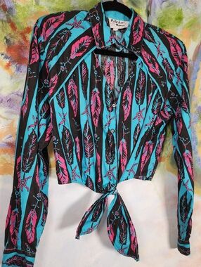 Vintage Adobe Rose Turquoise & Pink Feather Tie-Front Button-Down Cowgirl Blouse